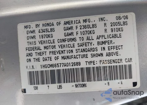2007 Honda Accord 3.0 Ex z USA, uszkodzony, nr VIN 1HGCM66577A012689